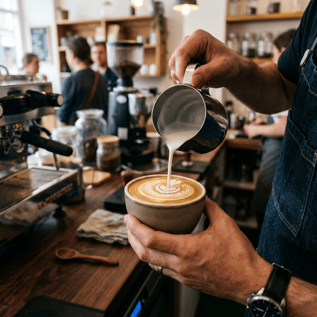 Barista pouring steamed milk into a latte to create heart-shaped art